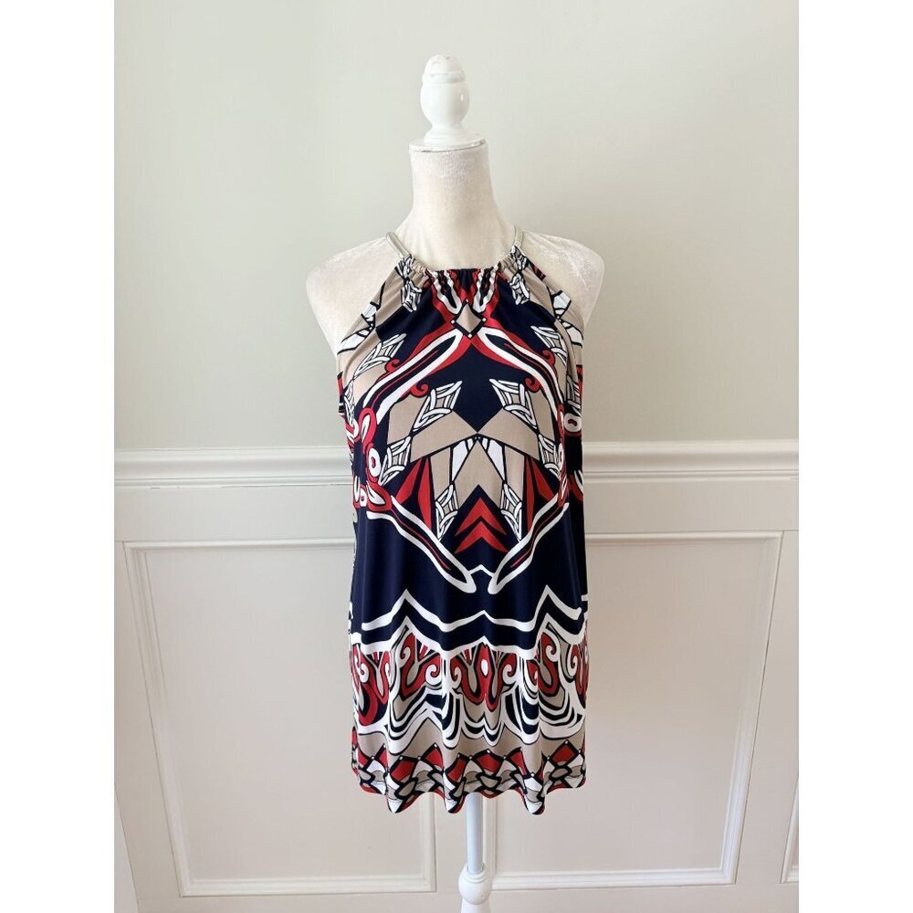 Alfani NWT Petite XL Metal Strap Tunic Top Navy/Red/Beige Geometric Print Urban